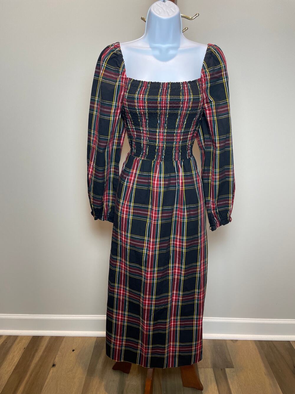 J.Crew Tartan Plaid Smocked Midi Dress Size S Multicolor Square Neck